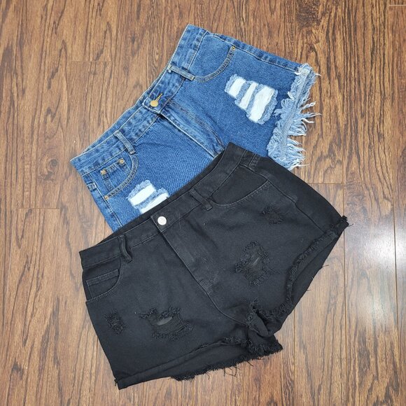 Shein Women's Blue & Black Denim Casual Ripped Cut Out Two Jeans Shorts Sz Large - Picture 1 of 8